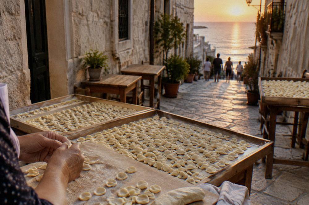 Handmade orecchiette drying on wooden trays on tables along a narrow old town lane, a pair of hands shaping pasta