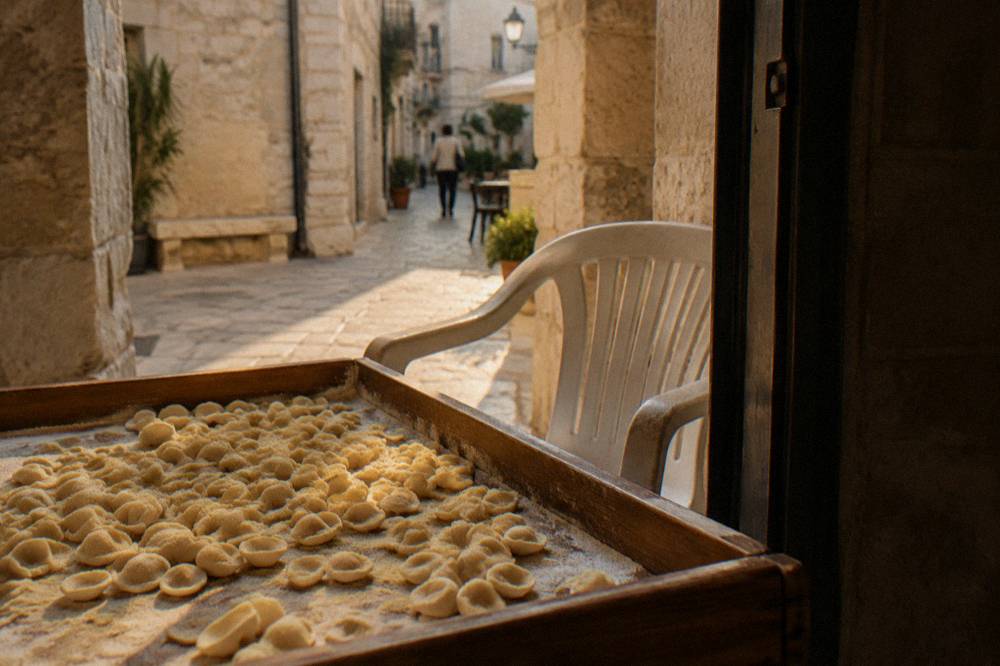Tray of small ear-shaped orecchiette dusted with semolina on a wooden table beside a plastic chair