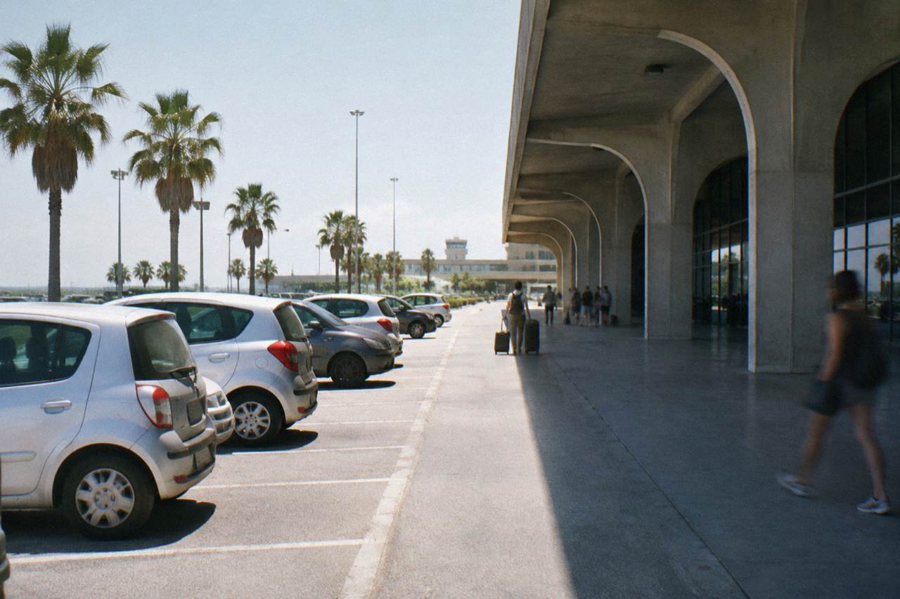 Rows of plain small rental cars in an airport car park with palm trees and a distant traveller with a suitcase