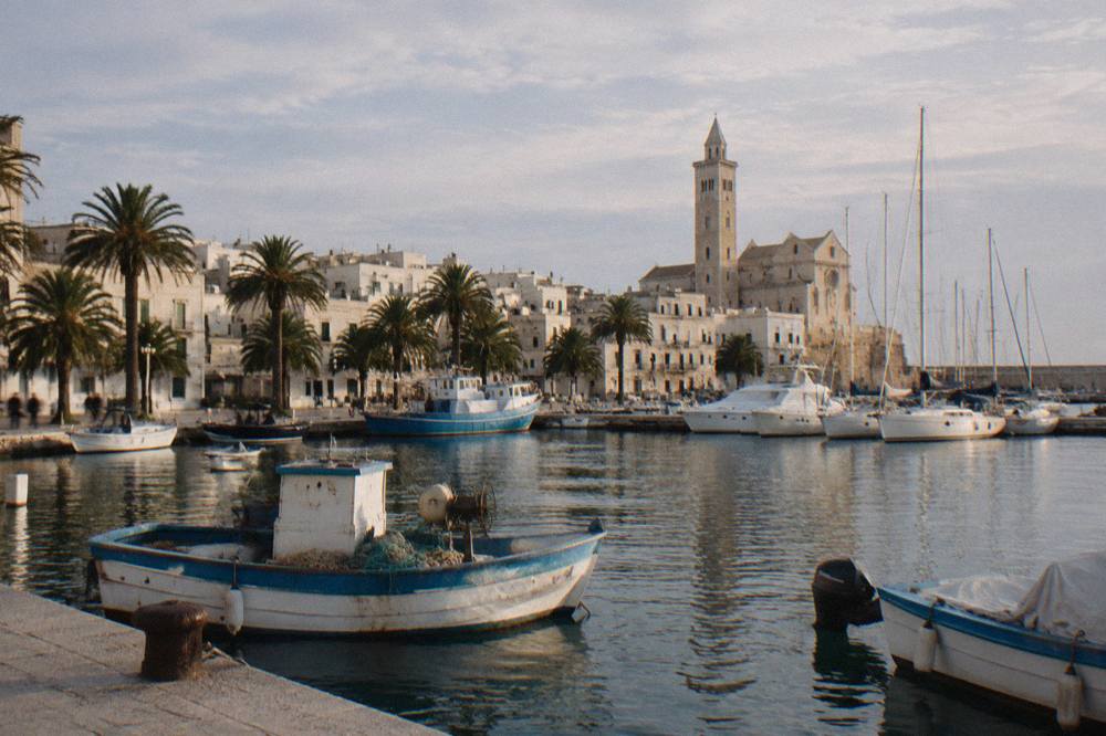 Harbour of moored yachts and fishing boats with palm trees along the waterfront and a whitewashed old town
