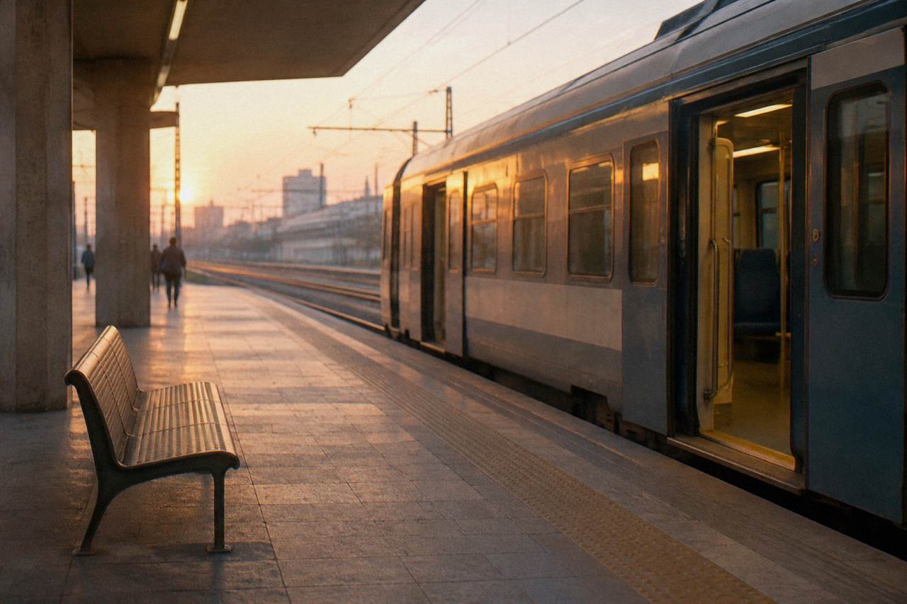 Railway platform at golden hour with a plain regional train waiting with open doors and an empty bench