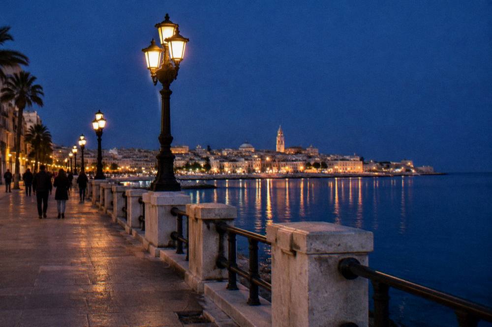 Seafront promenade at blue hour with lit street lamps and the lights of the old town across the bay