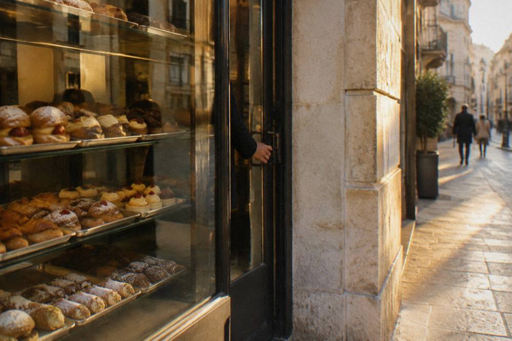 Pastry shop window with trays of pastries behind glass and a hand reaching for the door