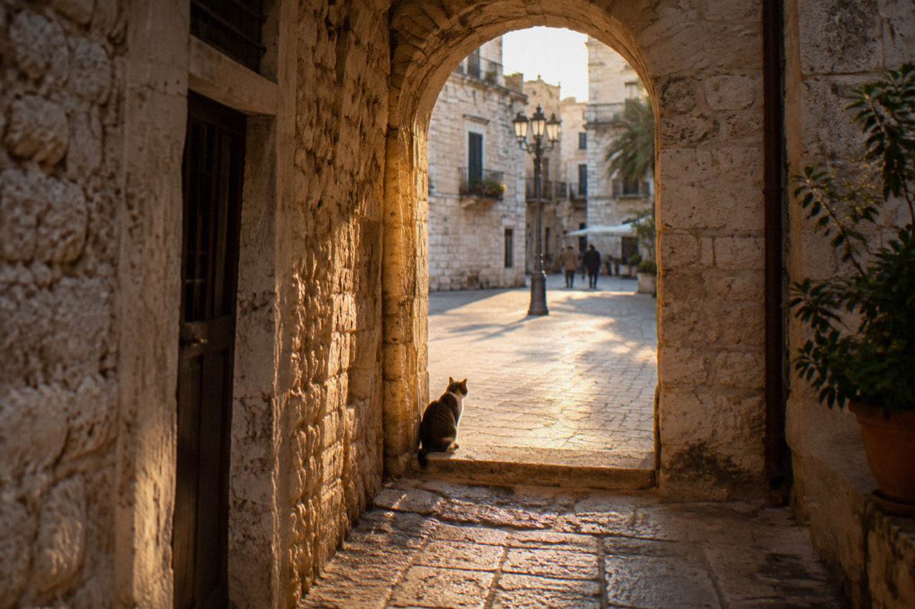 Stone archway leading from a lane into a bright piazza with a cat sitting on the threshold