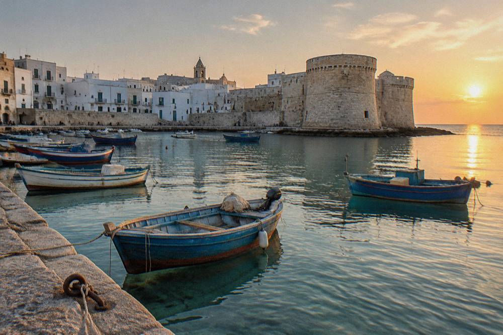 Old harbour of small painted wooden boats with a stone castle on the headland and a whitewashed old town behind