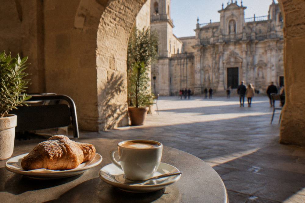 Cafe terrace under a stone arch with a cup of coffee and a pastry on a small table