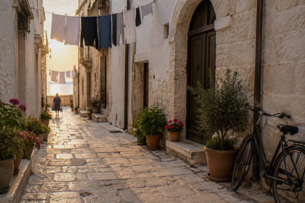 Narrow whitewashed old town lane with arched doorways, flower pots, washing overhead and a leaning bicycle in soft morning light