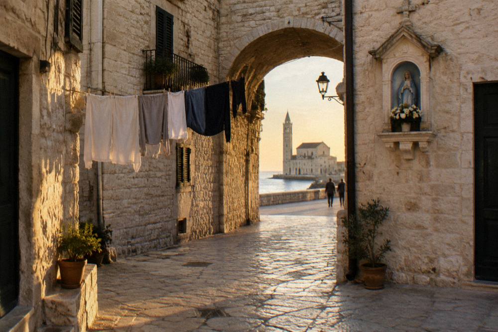 Narrow pale limestone lane with an arch, hanging laundry and a small shrine niche in soft morning light