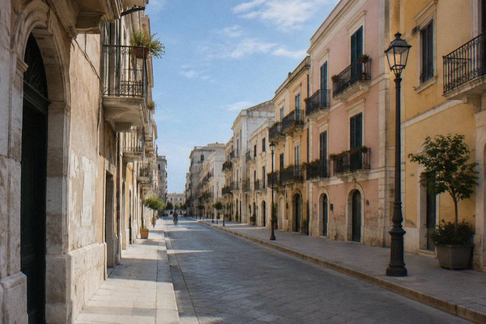 Elegant street with wrought-iron balconies and pastel stucco facades on a quiet morning