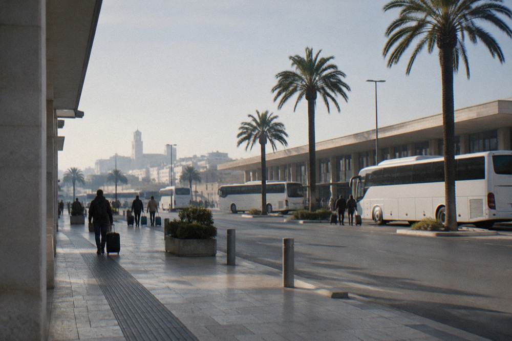 Station forecourt with plain white buses, palm trees and distant travellers with wheeled suitcases