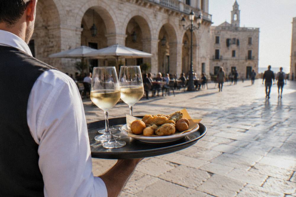 Waiter's tray with two glasses of white wine and fried snacks carried across a pale stone square
