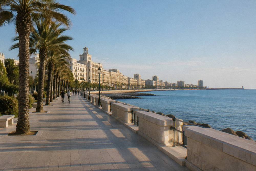 Broad seafront promenade beside a low sea wall with palm trees and a long curve of cream buildings