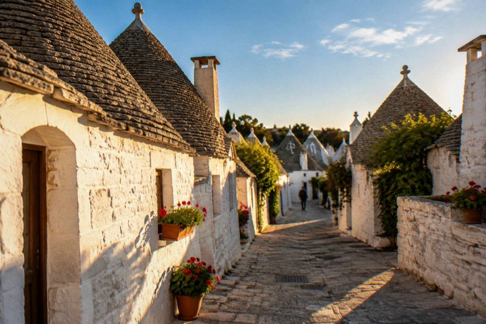 Quiet lane of conical-roofed houses at golden hour with long shadows and window boxes of geraniums