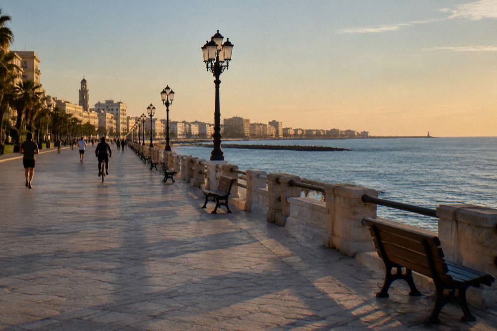 Wide paved seafront promenade with distant joggers and cyclists, benches and calm blue sea in late afternoon