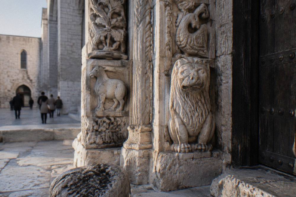 Weathered pale limestone carving of animals and foliage around a Romanesque church doorway in soft side light