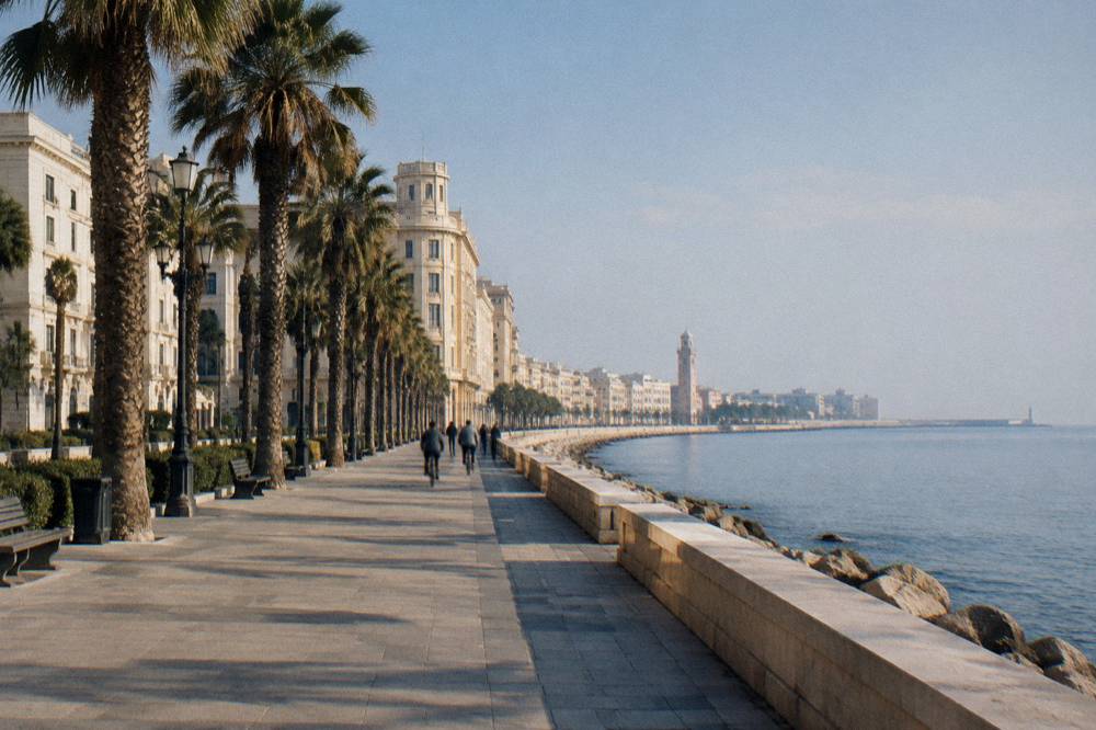 Broad seafront promenade beside a low sea wall with palm trees and a long curve of cream buildings