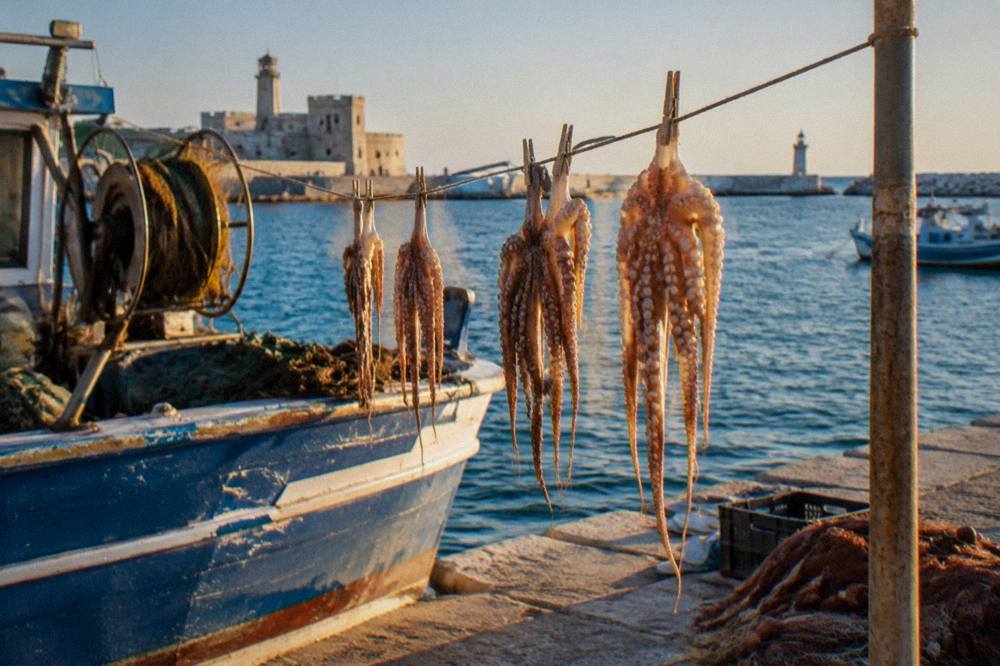 Octopus hung to dry on a line beside a small fishing boat with the sea blue behind