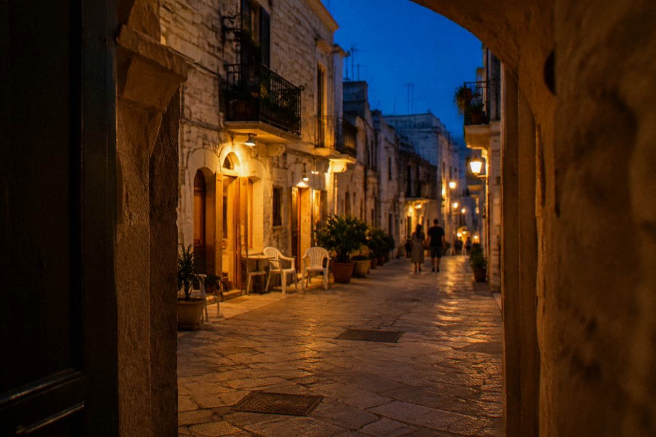 Old town lane at blue hour with warm light glowing from doorways and chairs set outside
