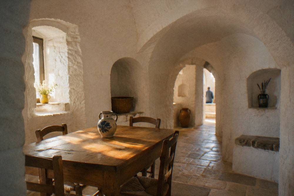 Whitewashed domed room with deep arched alcoves, a simple wooden table and a ceramic jug