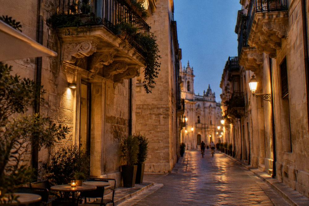 Narrow lane with baroque balconies on carved brackets in warm evening light and a cafe table