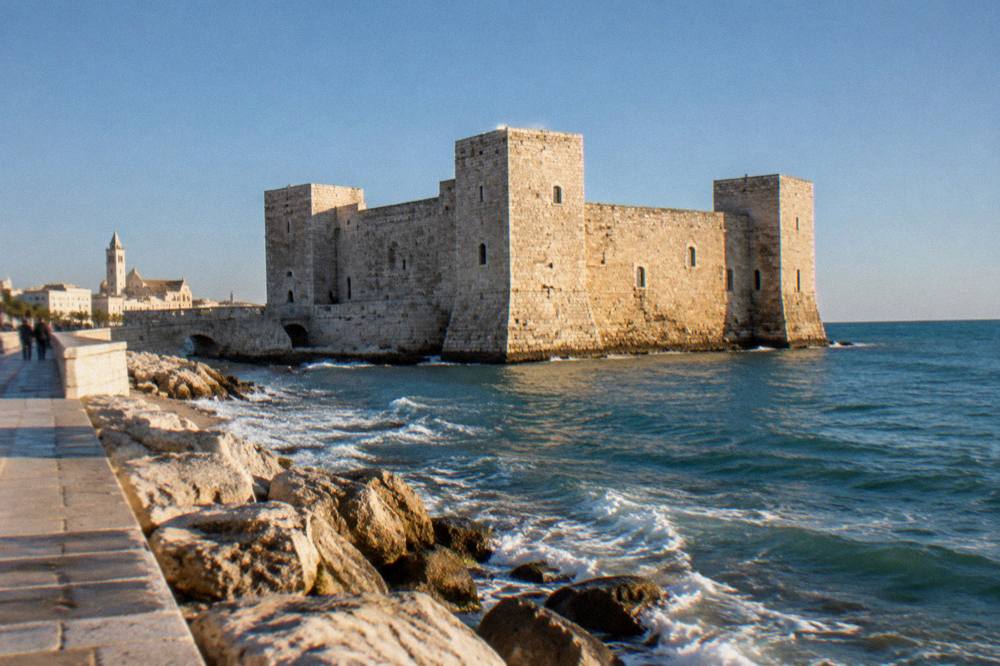 Square stone castle with corner towers on a low shore with waves lapping its base