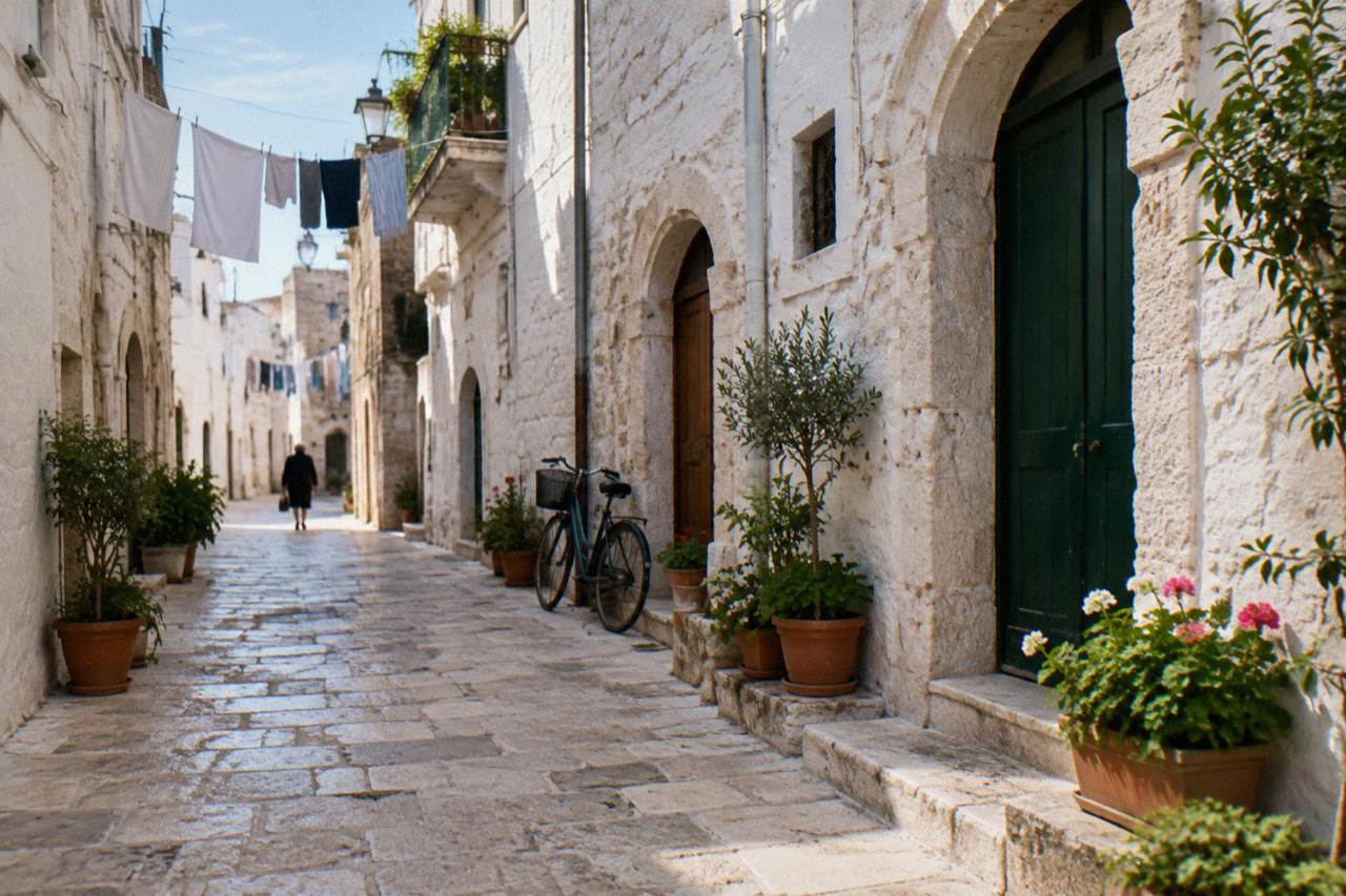 Narrow whitewashed old town lane with arched doorways, flower pots, washing overhead and a leaning bicycle in soft morning light