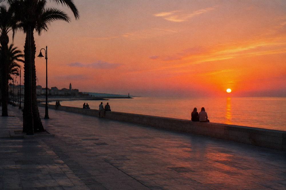 Seafront promenade at sunset with distant people on the low sea wall, an orange sky and palm silhouettes